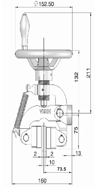 DBG-10M manual disc brake vertical side-view dimensions with handwheel