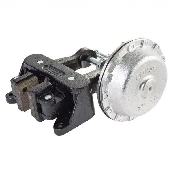 DBH pneumatic disc brake front view with air actuator, twin calipers, and mounting base