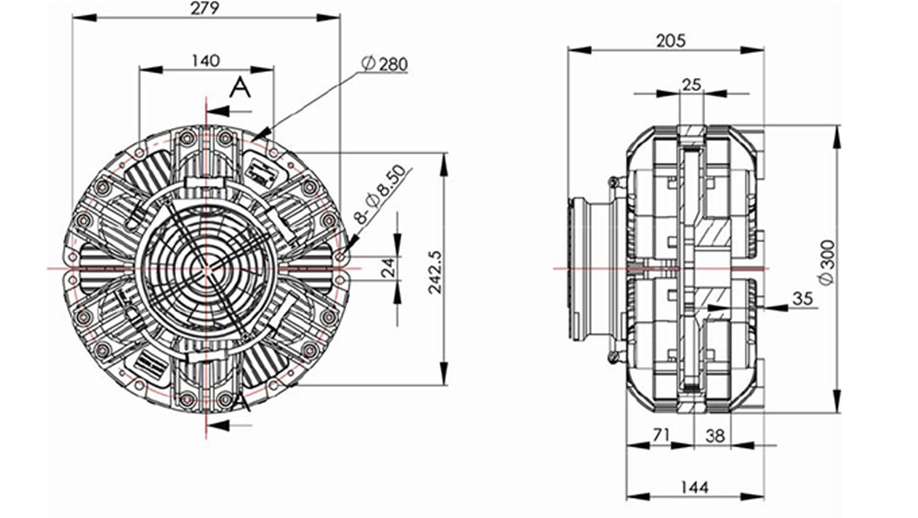 DBR 風扇冷卻多點式碟式剎車器正視與側視尺寸工程圖