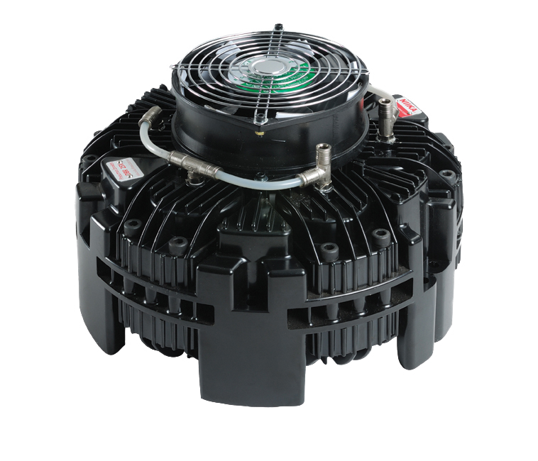 DBR fan-cooled multipoint disc brake with top cooling fan and circular caliper assembly