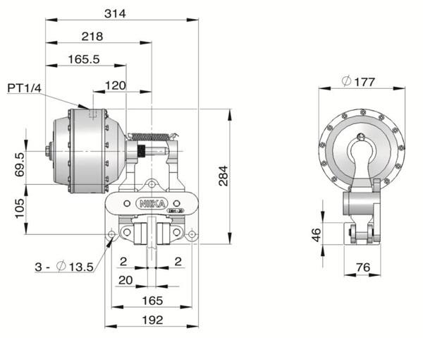 DSH 負動作空壓碟式剎車器正視與側視安裝尺寸工程圖