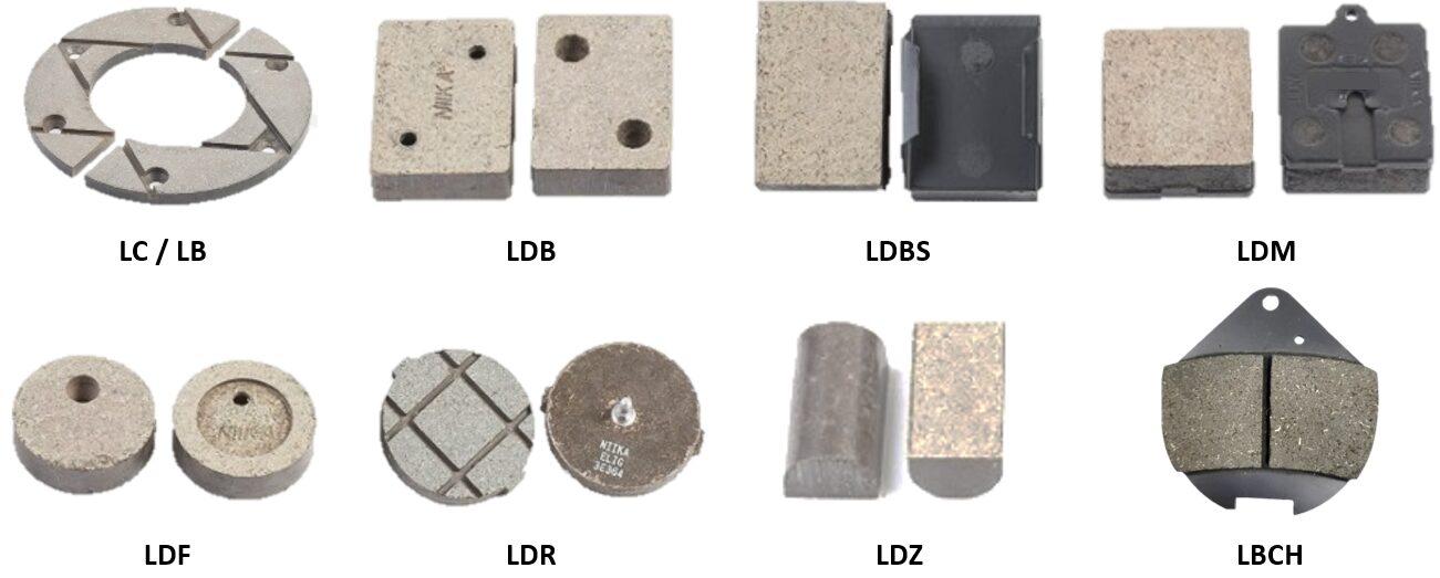 Industrial brake pads and friction material types in round, square, curved, and block shapes