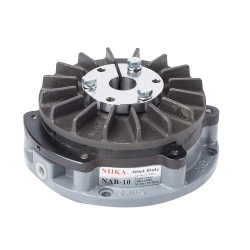 NAB-T through-shaft pneumatic brake front view with cooling fins, shaft sleeve, and air fitting