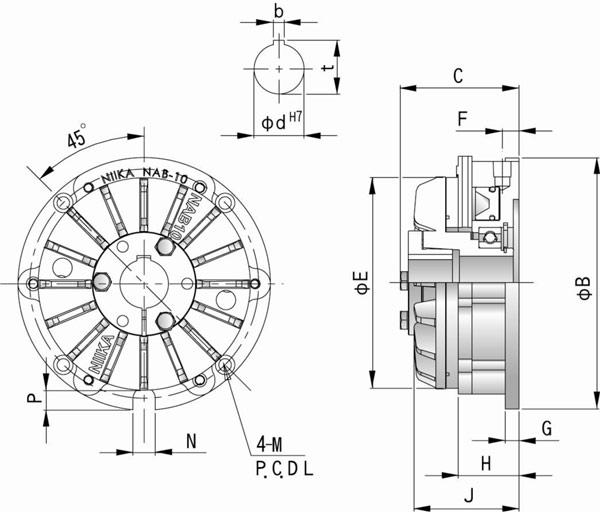 Dimensiones frontal, lateral y de chavetero del freno neumático NAB de eje pasante