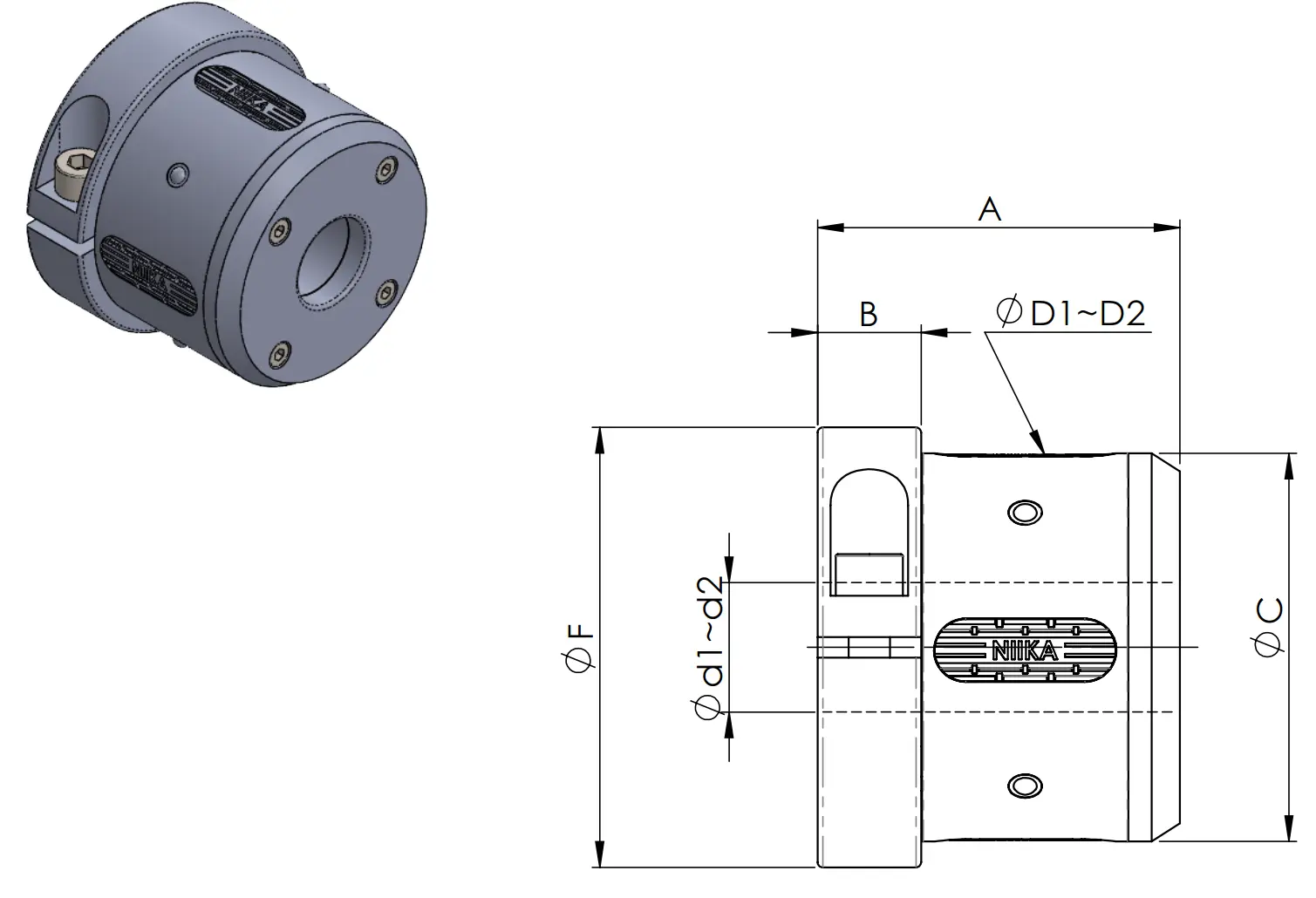 Vista en perspectiva y dimensiones del mandril mecánico hueco con brida NEF 3F
