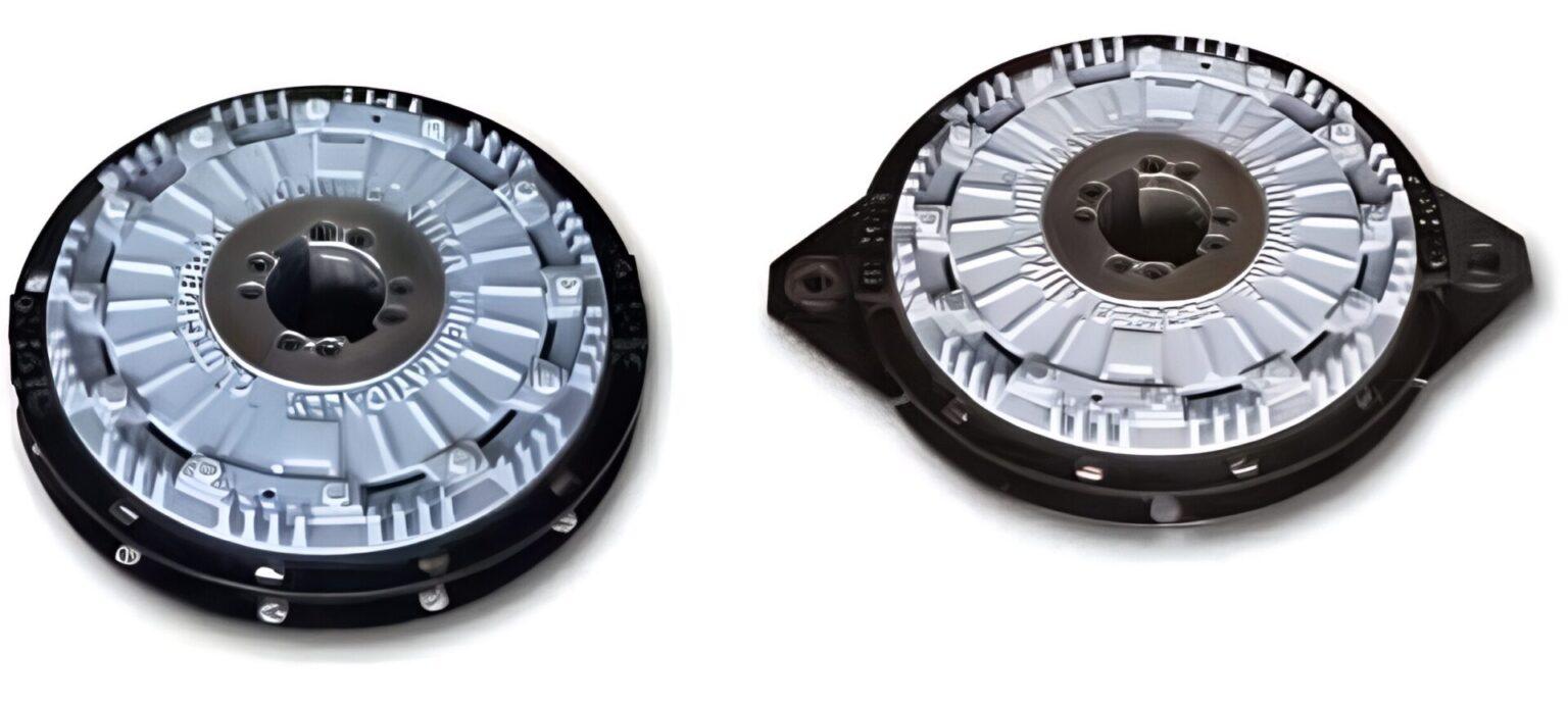 NIIKA PCCU Pneumatic Disc Clutch and Brake Combination Units (Integrated Type), dual angle view displaying white cooling fins and internal bore structure.