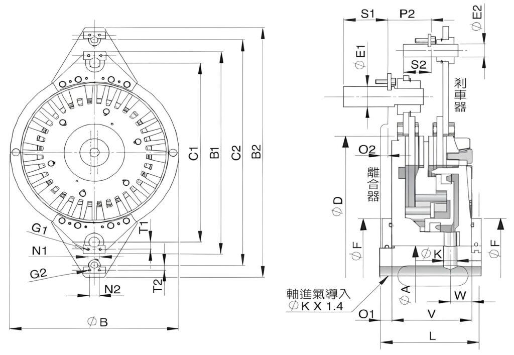 NIIKA PCCU 空壓碟式離合器剎車器組（連體型），SL 型工程圖紙，展示特殊安裝支架與側面構造數據。