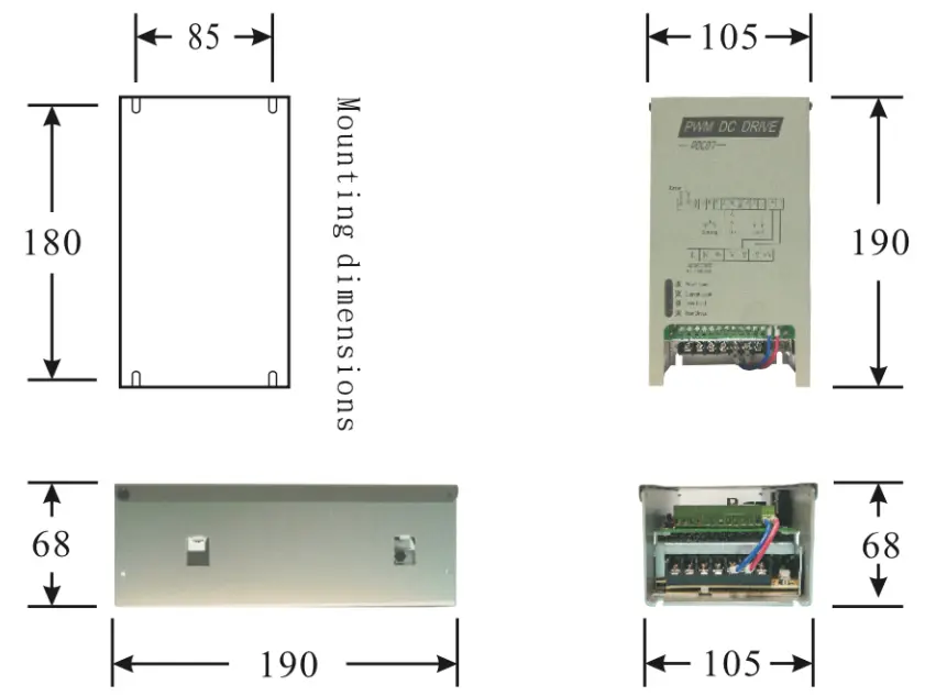Dimensiones frontal, lateral y de montaje del controlador abierto PDC-07