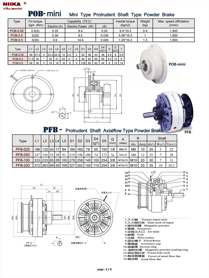 POB-mini and PFB magnetic powder brake specifications, dimensions, and structure sheet