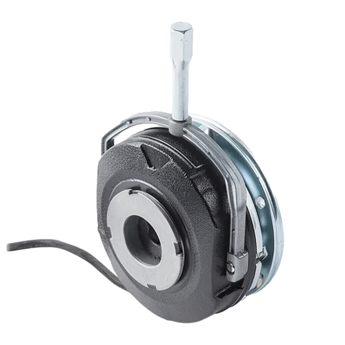 SAB fail-safe electromagnetic brake with center bore, power cable, and manual release lever