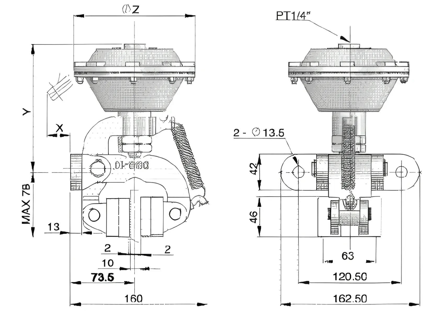 Detailed front and side dimensional drawing of the DBG pneumatic disc brake