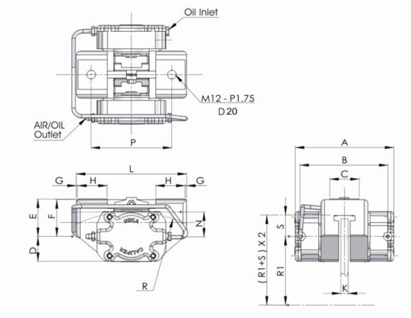 Plano dimensional superior, frontal y lateral del freno aire-hidráulico DBM