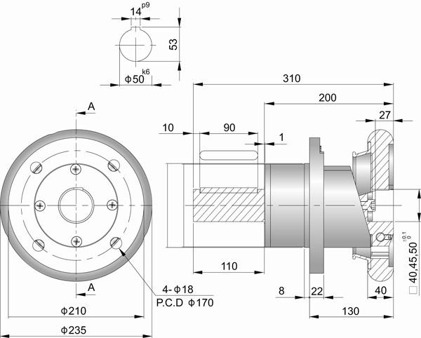 FLOW L-50 法蘭型安全夾頭正視與剖面尺寸工程圖