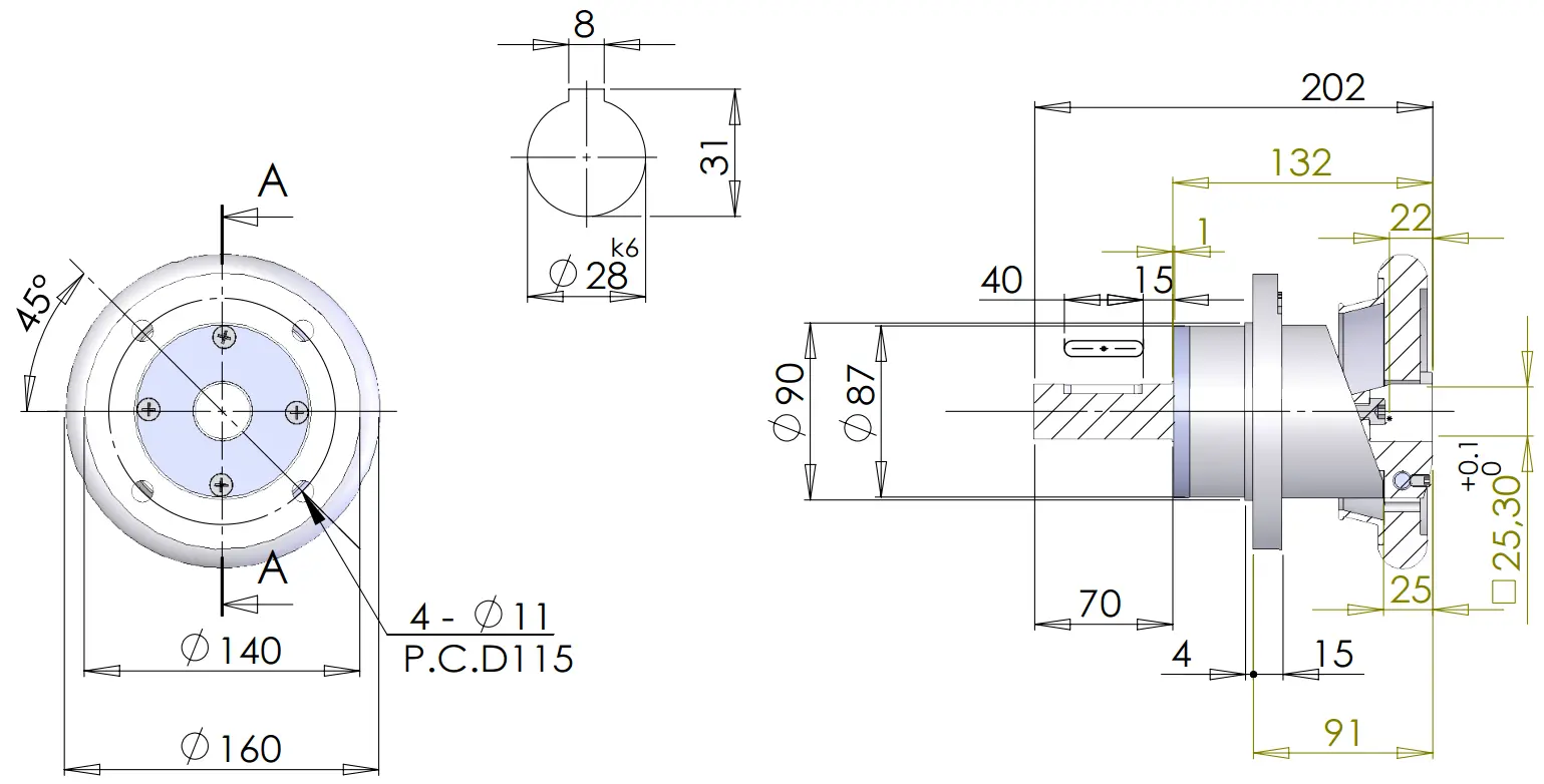 FLW S-28 L70 法蘭型安全夾頭正視與剖面尺寸工程圖