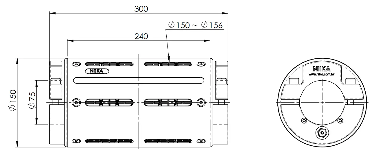 NED-36K300 中空氣壓式套夾側視與端面尺寸工程圖