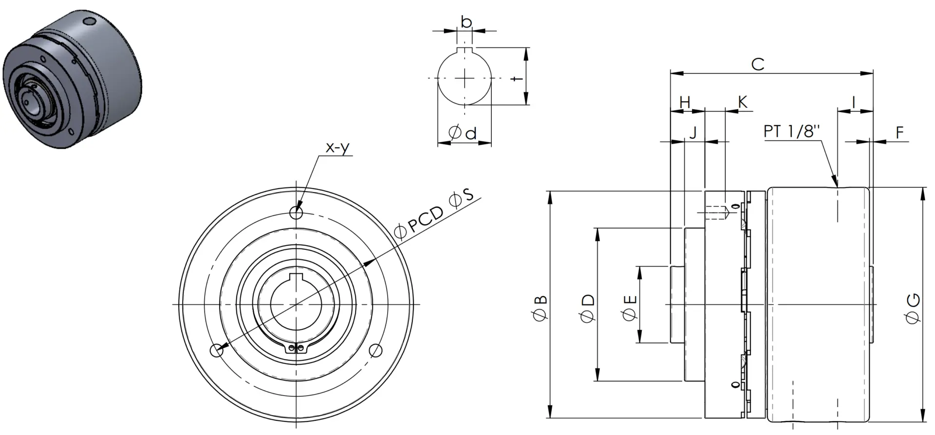 Dimensiones frontal, lateral y de chavetero del embrague neumático dentado NHTC
