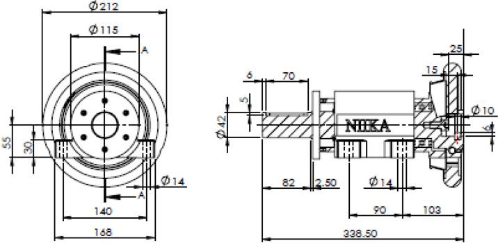 PIMW-50 adjustable safety chuck front, side, and sectional installation dimensions
