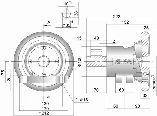 PIOW M-35 底座型安全夾頭正視與剖面尺寸工程圖